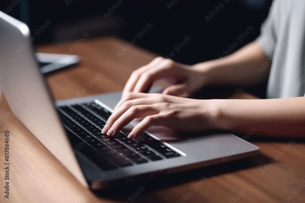 Woman working at home office hand on keyboard close up. Generative AI Woman working at home office hand on keyboard close up. Generative AI