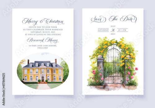 Watercolor wedding in a classic castle garden with floral door