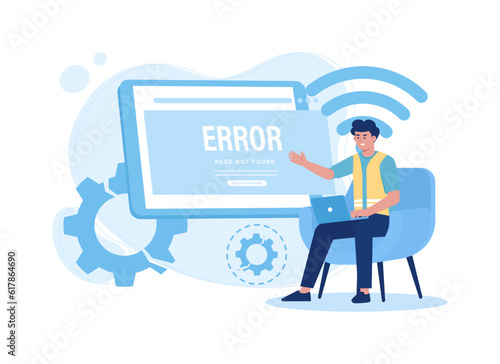 Technician fixing error 404, no connection trending flat illustration