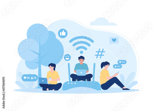 People surfing on social media using devices technology and wifi trending flat illustration