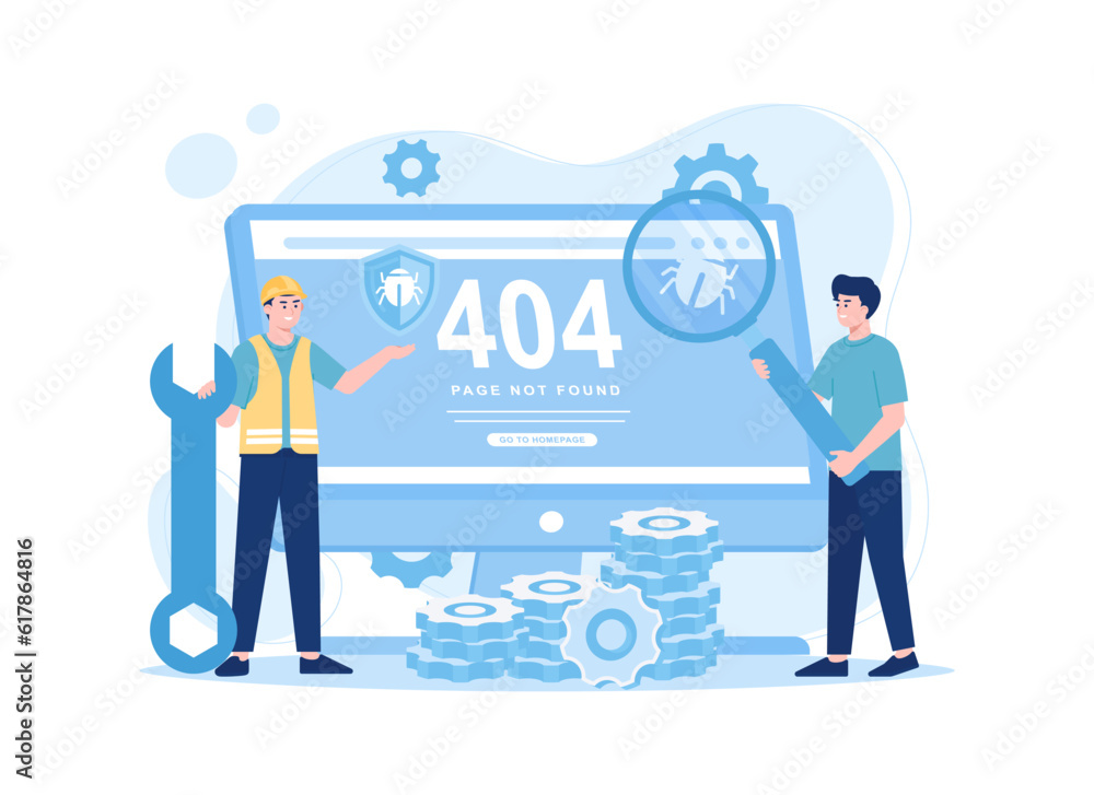 Technician fix a bug error 404, trending flat illustration Technician fix a bug error 404, trending flat illustration