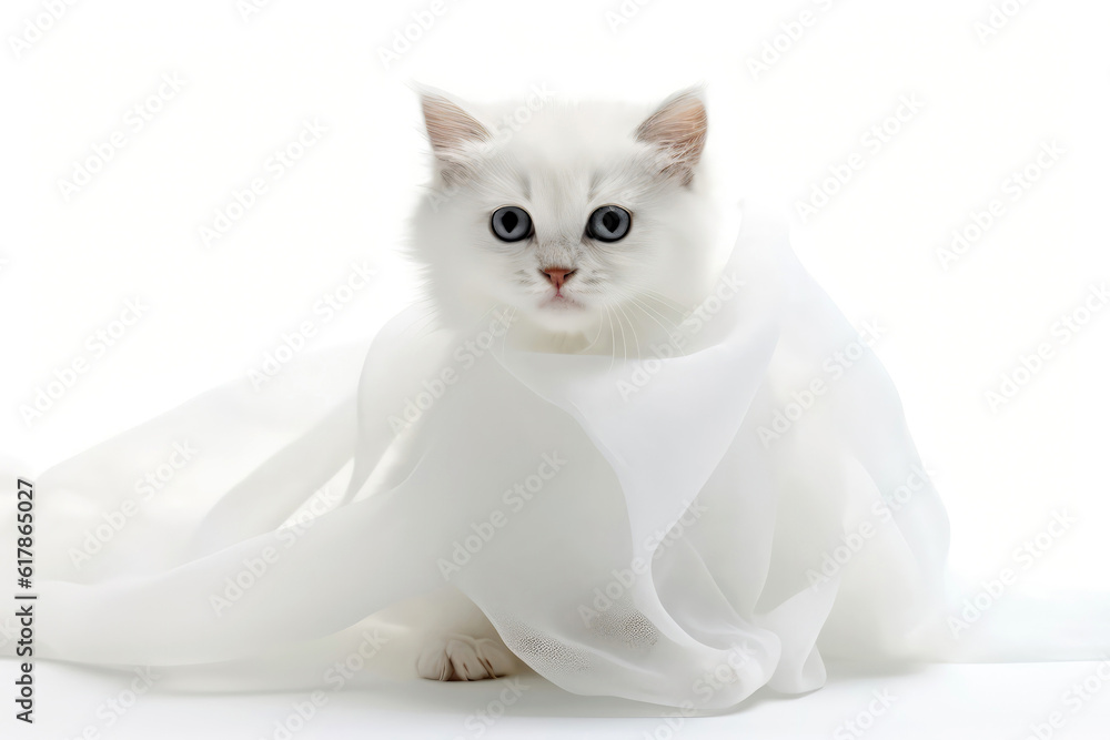 Fototapeta premium Kitten In Ghost Costume On White Background. Generative AI