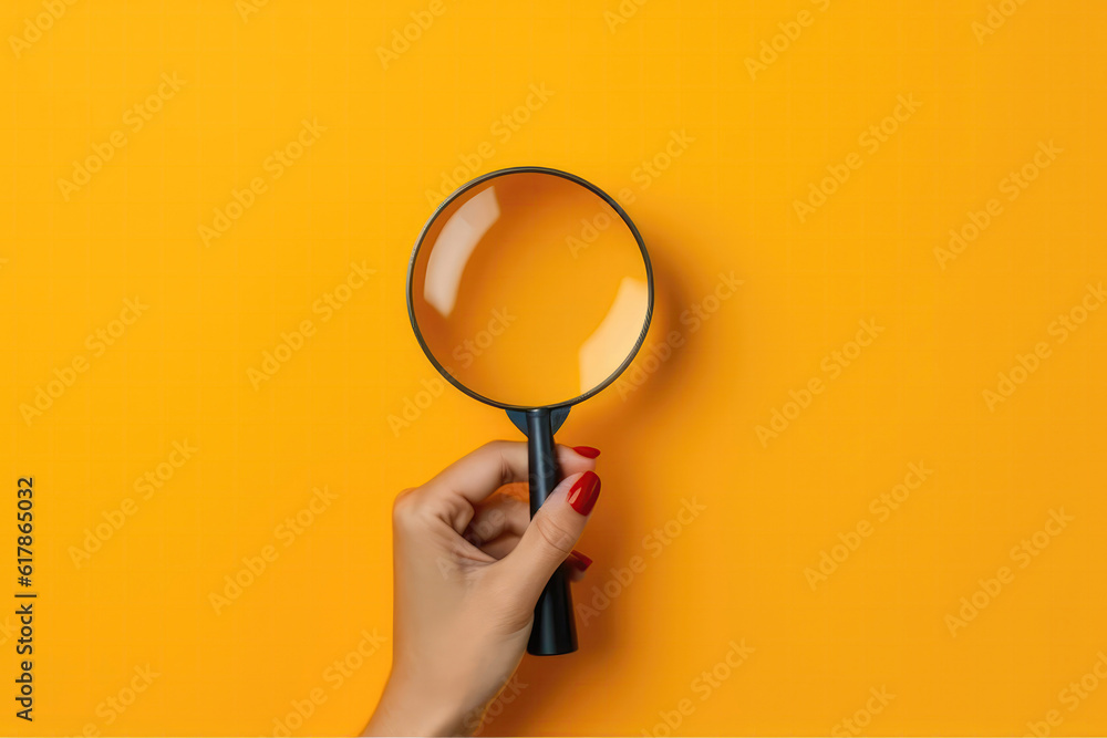 Magnifyipng Glass In Womans Hand On Yellow Background, Top View. Generative AI Magnifyipng Glass In Womans Hand On Yellow Background, Top View. Generative AI