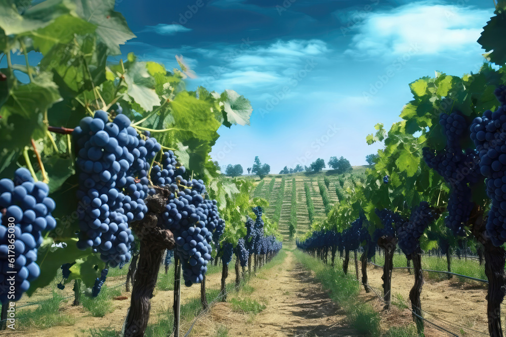 Pristine Grapevineyard With Rows Of Ripe, Juicy Grapes. Generative AI