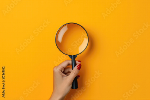 Magnifyipng Glass In Womans Hand On Yellow Background, Top View. Generative AI