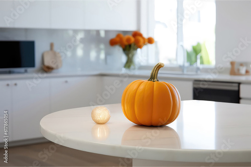 Pumpkin On The Table In White Modern Kitchen. Generative AI