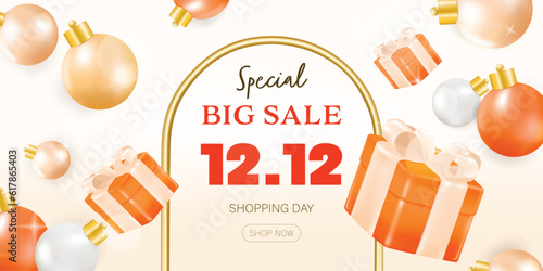 3D Gift voucher super sale banner. For business promotion special offer end year sales and Discount online purchases. Tag label, 3d rendering design. 12.12 ,1212,12 super sale banner.