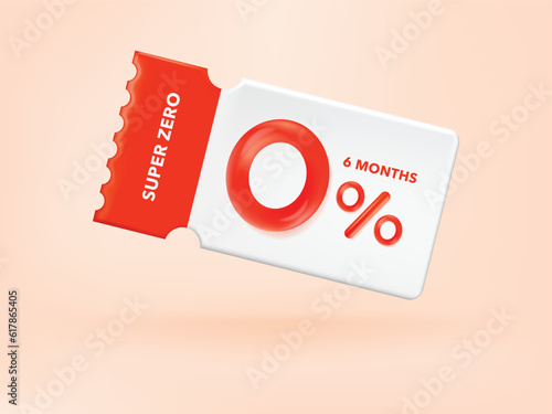 3D Gift voucher with coupon Zero Percentage. For business promotion sales and Discount online purchases. Tag label, sale banner with super zero 0% discount. 3d rendering.