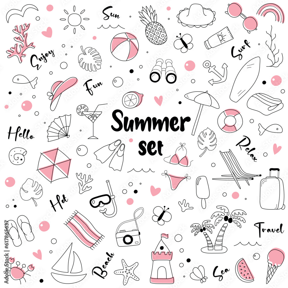 Big summer set. Cute doodle icon collection and design elements on white background. Vector illustration.