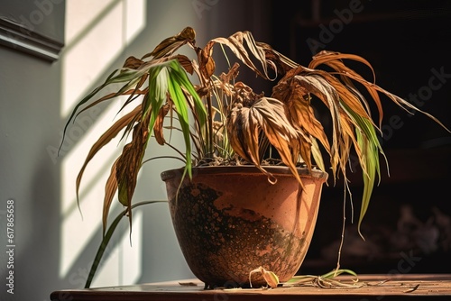 Neglected dying house plant with hanging dry leaves. Generative ai image.