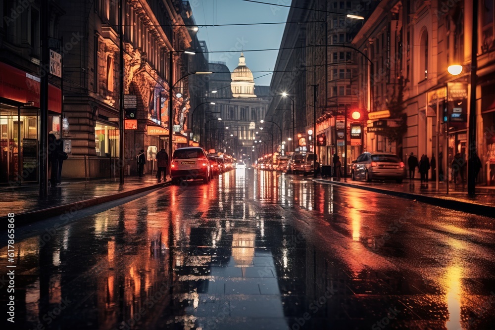 City street after rain. Generative ai image.