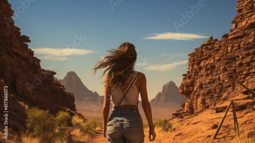 Woman standing alone looking at the desert.