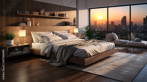 Luxury modern apartment bedroom with city sky view, A room with a view of the city from the bed.