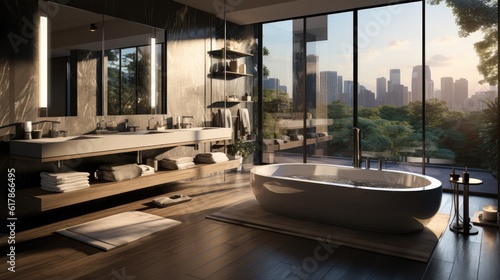 Luxury bathroom with garden view  Showered by natural light in modern style.