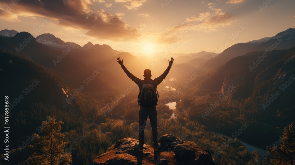 Man standing on top of the mountain, Man raising arms victoriously after climbing the mountain, Winner and Success concept.