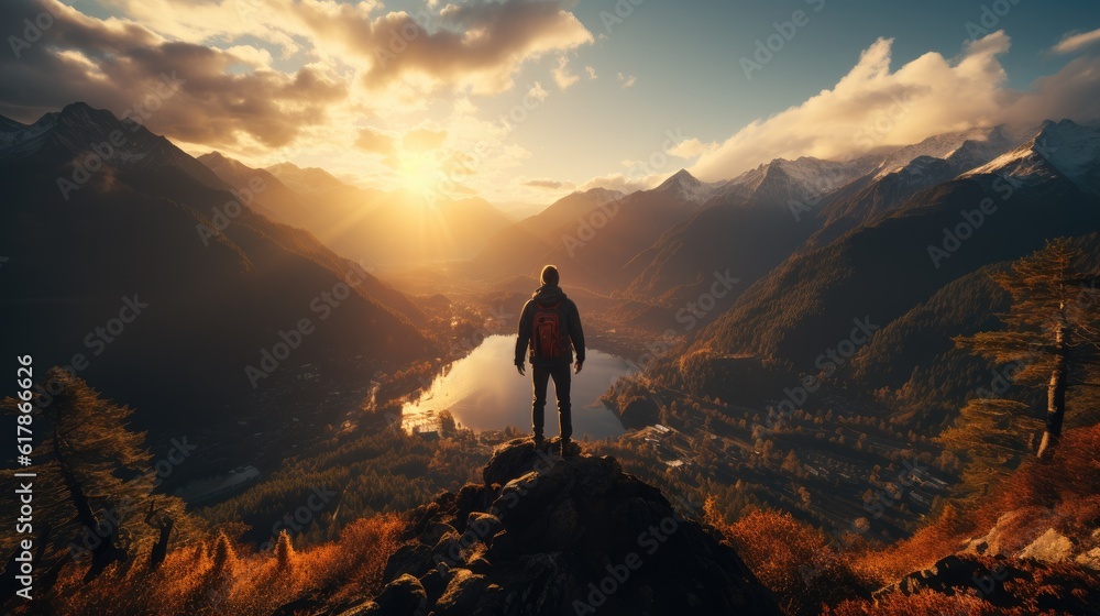Man on top of the mountain with arms open, Successful men have attained peaks of personal growth and development, Success in business leadership winner on top. Man on top of the mountain with arms open, Successful men have attained peaks of personal growth and development, Success in business leadership winner on top.