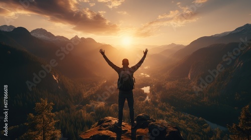 Man standing on top of the mountain, Man raising arms victoriously after climbing the mountain, Winner and Success concept. © visoot