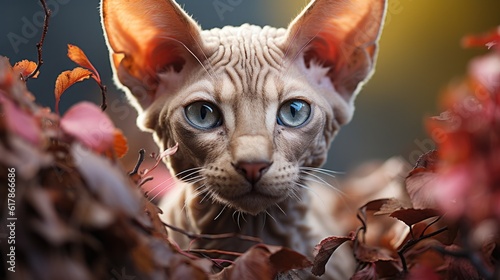 Peterbald cat, cat with big ears and eyes against, Purebred cat looking at the camera.