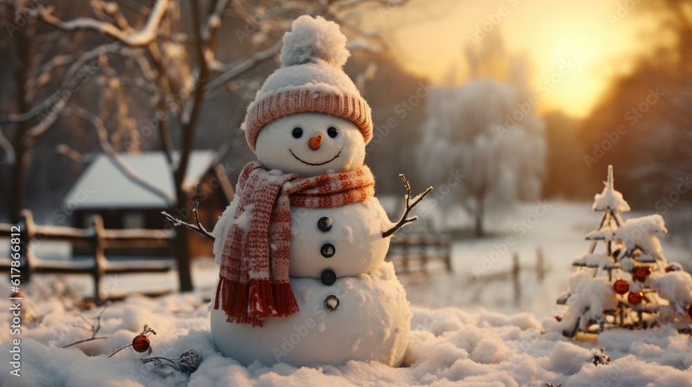 Obraz premium Merry Christmas, Snowman in a winter Christmas scene with snow, Pine trees and warm light.