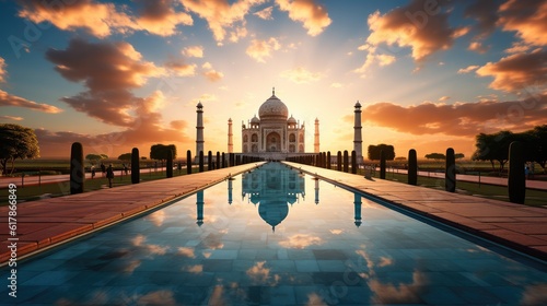 Amazing view on the Taj Mahal in sunset light with reflection in water. The Taj Mahal is an white marble mausoleum at India. © visoot