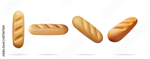 3d Bread Icon from Different Angles Collection Isolated on White. Render Set Bread or Loaf Symbol. Loaf of Wheat bread. Grain Bread Roll Baked Food Baguette. Bakery Shop. Realistic Vector Illustration