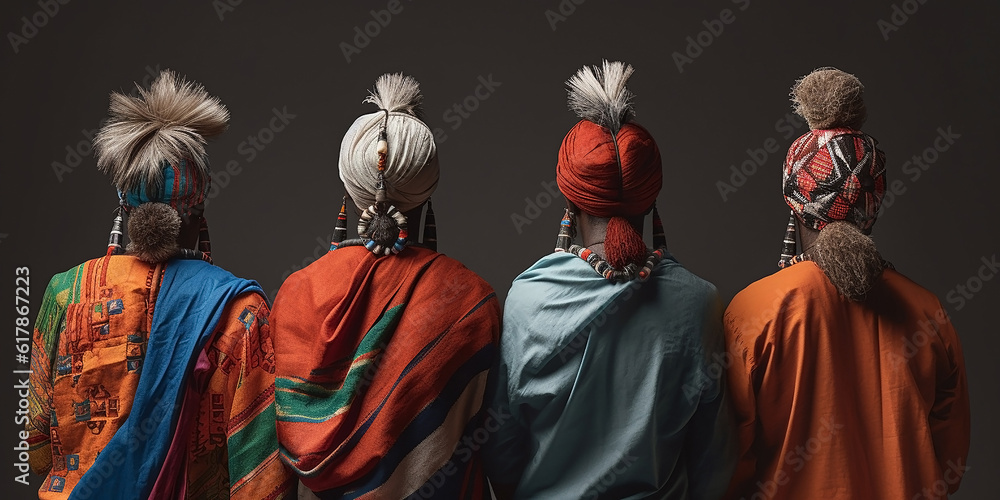 Fototapeta premium People of different nationalities in bright national clothes, viewed from the back and on an isolated background. Generative AI
