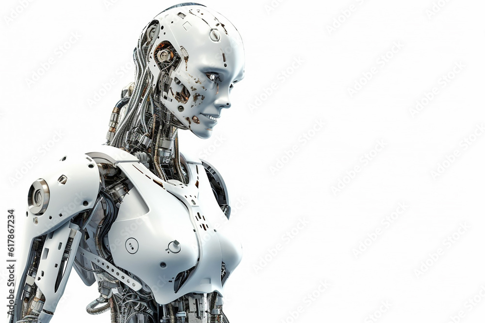 The face of a humanoid robot on an isolated background and close-up. Generative AI The face of a humanoid robot on an isolated background and close-up. Generative AI