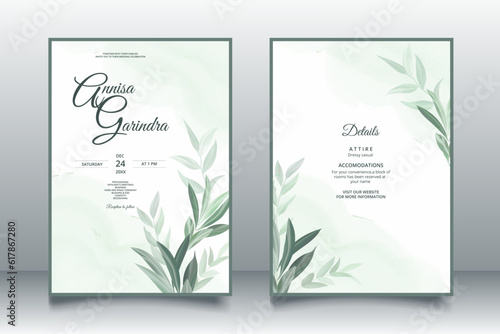 Beautiful sage green leaves wedding invitation card template Premium Vector © MARIANURINCE