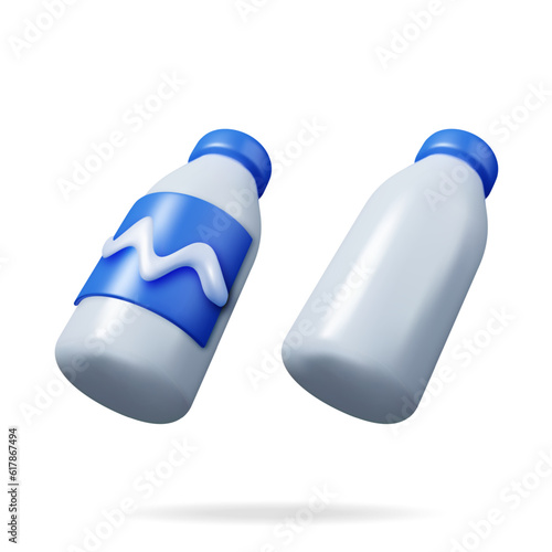 3D Glass Bottle with Milk Isolated on White. Render Realistic Plastic bottle of Milk. Milk Dairy Drink Package Container. Organic Healthy Product. Vector Illustration