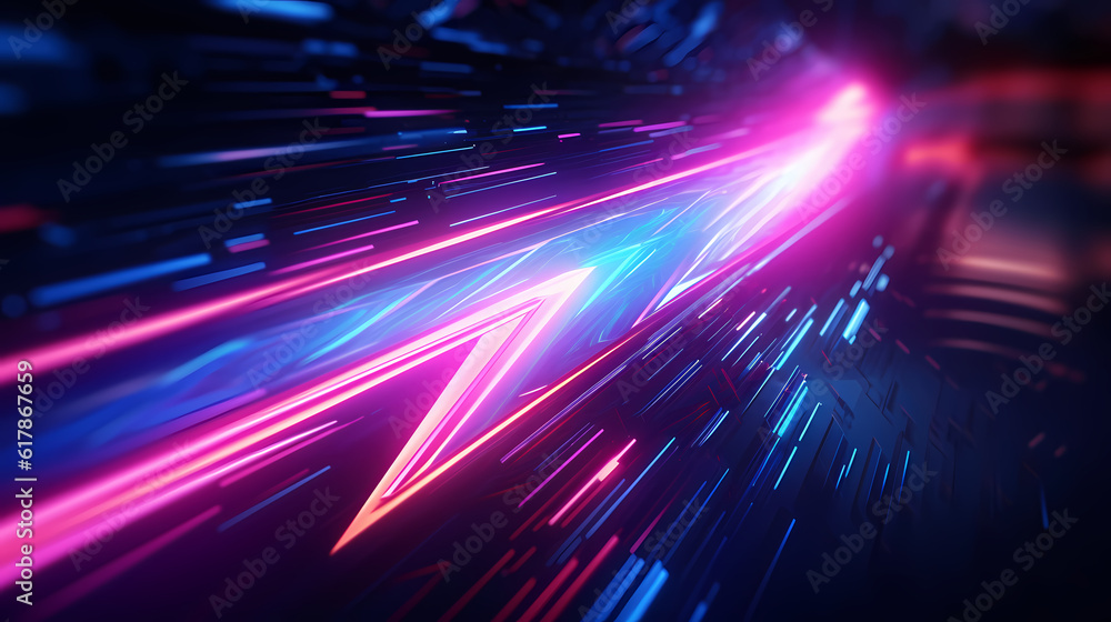Neon Arrow in Motion, Abstract Visualization of Speed and Technology with Pink and Blue Glow, generative ai. Neon Arrow in Motion, Abstract Visualization of Speed and Technology with Pink and Blue Glow, generative ai.