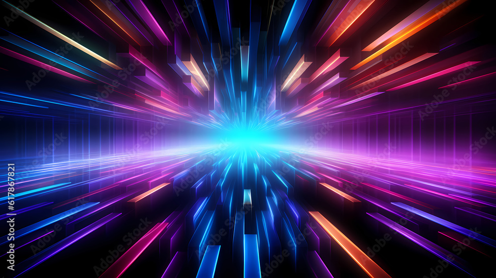 Spectrum Show, Vibrant Neon Beams Illuminate Abstract Geometry in Cosmic Stage Room, generative ai. Spectrum Show, Vibrant Neon Beams Illuminate Abstract Geometry in Cosmic Stage Room, generative ai.