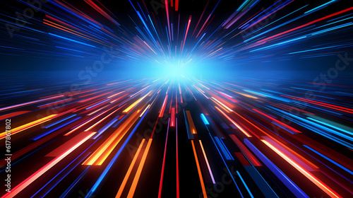 Spectrum Show, Vibrant Neon Beams Illuminate Abstract Geometry in Cosmic Stage Room, generative ai.