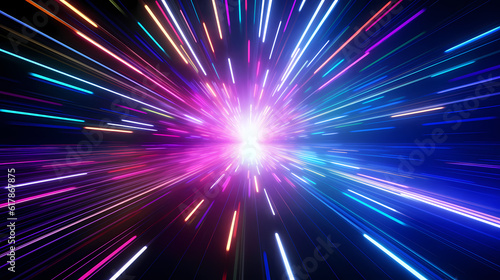 Spectrum Show, Vibrant Neon Beams Illuminate Abstract Geometry in Cosmic Stage Room, generative ai.