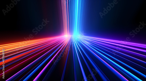 Spectrum Show, Vibrant Neon Beams Illuminate Abstract Geometry in Cosmic Stage Room, generative ai.