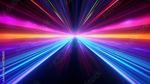 Spectrum Show, Vibrant Neon Beams Illuminate Abstract Geometry in Cosmic Stage Room, generative ai.