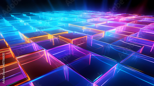 Spectrum Show, Vibrant Neon Beams Illuminate Abstract Geometry in Cosmic Stage Room, generative ai.