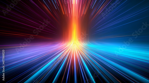 Spectrum Show, Vibrant Neon Beams Illuminate Abstract Geometry in Cosmic Stage Room, generative ai.