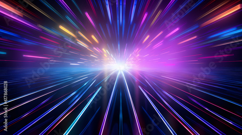 Spectrum Show, Vibrant Neon Beams Illuminate Abstract Geometry in Cosmic Stage Room, generative ai.