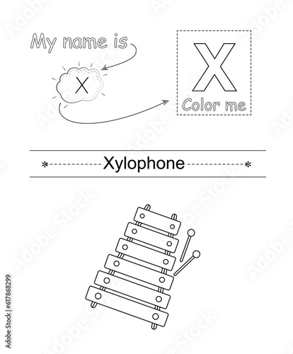 Color the letter and picture. Educational children game. Coloring alphabet. Letter X and xylophone.