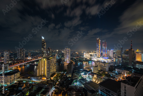 Aerial view of Bangkok skyline and skyscraper in Bangkok downtown. Chao Phraya River Bangkok Thailand