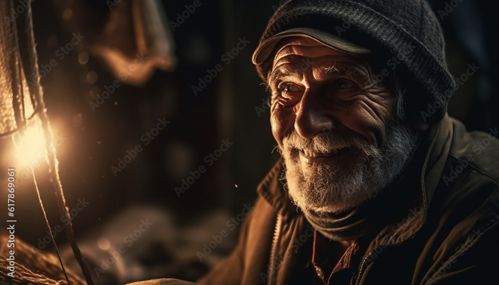 Smiling senior man in warm winter clothing enjoys outdoor relaxation generated by AI