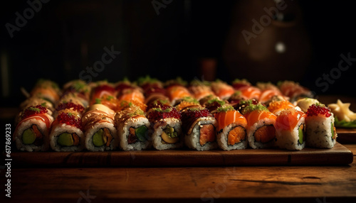 Fresh seafood meal Maki sushi, sashimi, nigiri, California roll, shrimp generated by AI
