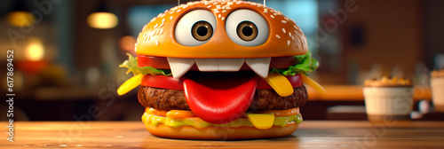 Banner with Beef burger with cheese, tomato, sauce, lettuce. Generative AI. Burger day. Cute hamburger character with eyes. Funny header for pizzeria, cafe, fast food, street food, kids menu, website
