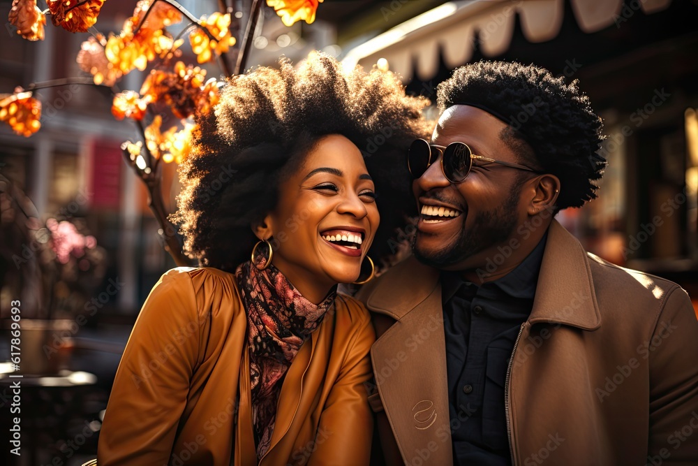 Black laughing couple talking and flirting together outdoors