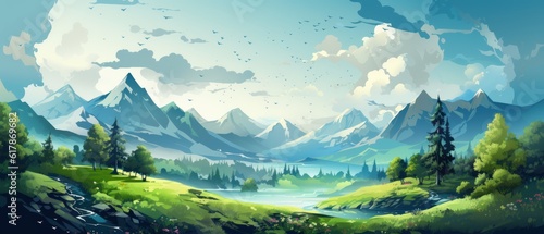 Environment illustration. A vibrant ecosystem surrounding the globe. Planets with lush green forests and snow-capped mountains. Generative AI