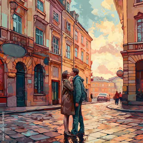 A drawn image of a young couple in love hugging and kissing on a city street with beautiful old architecture. Generative AI