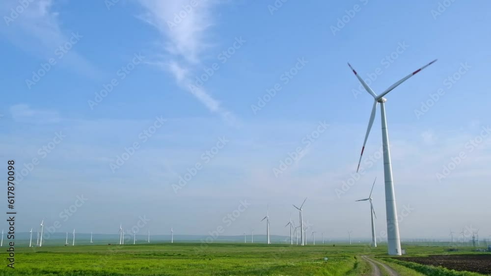 Wind turbines and agricultural fields on a summer day. Energy Production with clean and Renewable Energy Wind turbines and agricultural fields on a summer day. Energy Production with clean and Renewable Energy