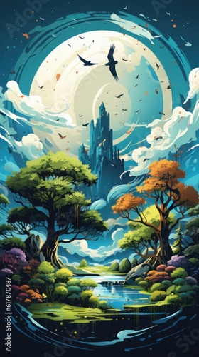 Environment illustration. A vibrant ecosystem surrounding the globe. Planets with lush green forests and snow-capped mountains. Generative AI © ColdFire