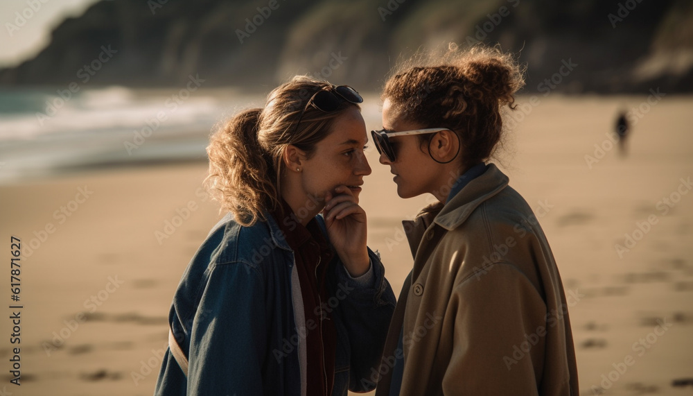Young couple embracing on the beach at sunset, enjoying vacation generated by AI