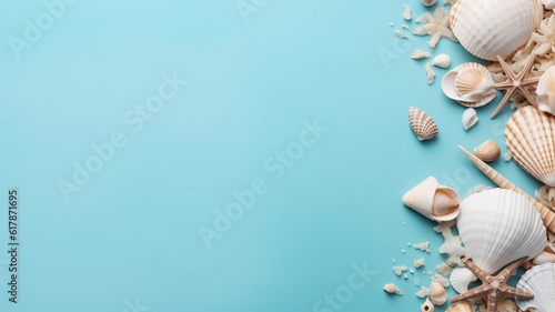 Travel stuff with seashells on blue background with space for text